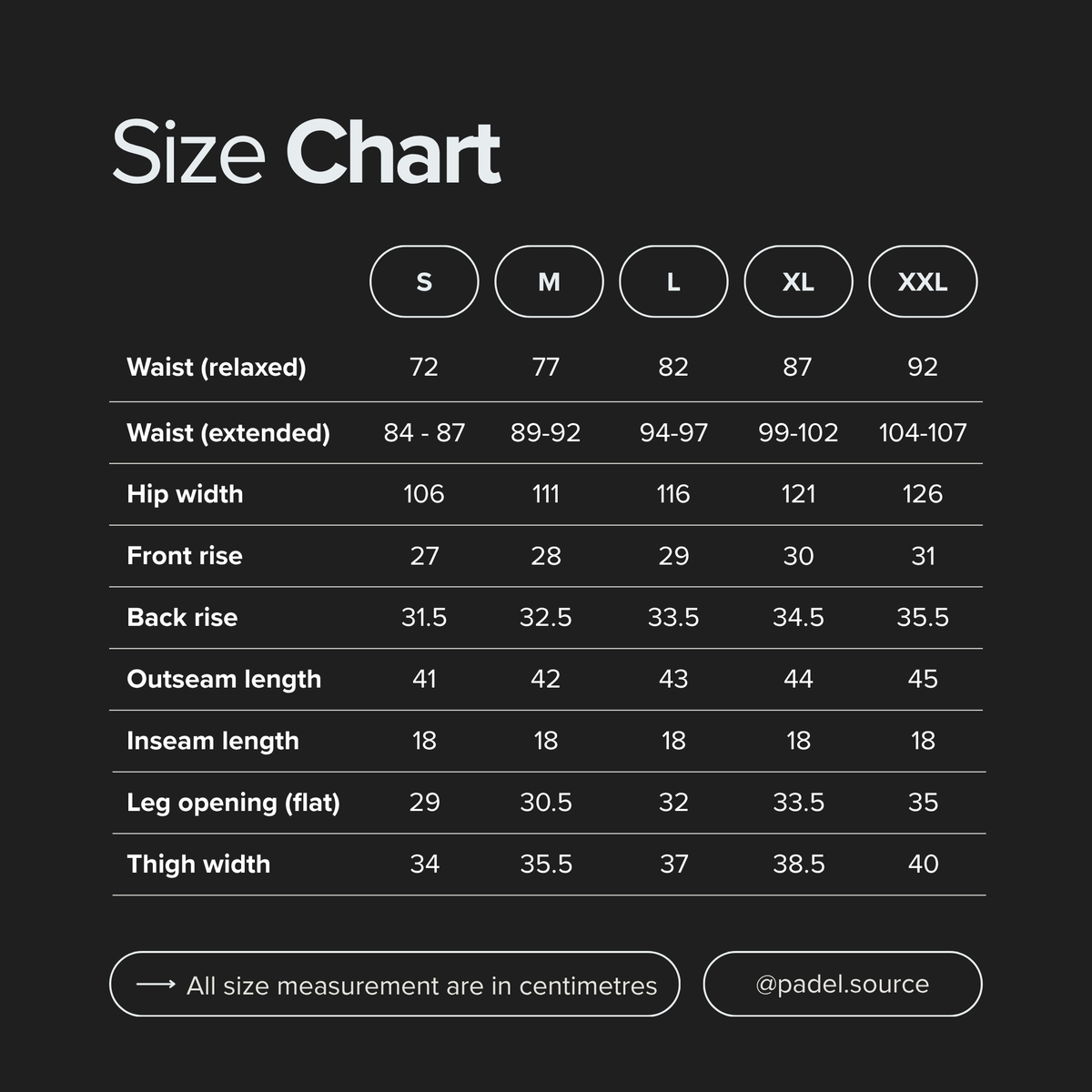 Padel Source Pro Padel 7 inch Performance Shorts size guide