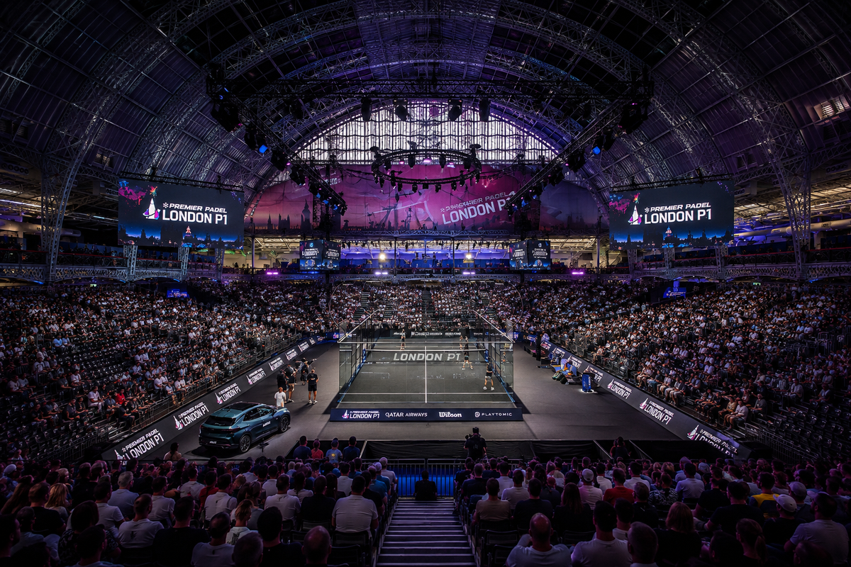 London Premier Padel P1 arena with a padel court and crowd