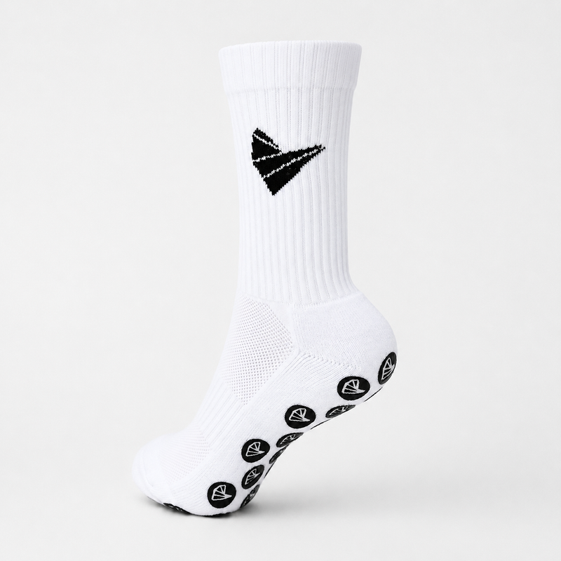 White padel socks with Padel Source logo and grip circles on the sole.