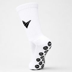White sock with black Padel Source logo design, and black grip circles on a white background