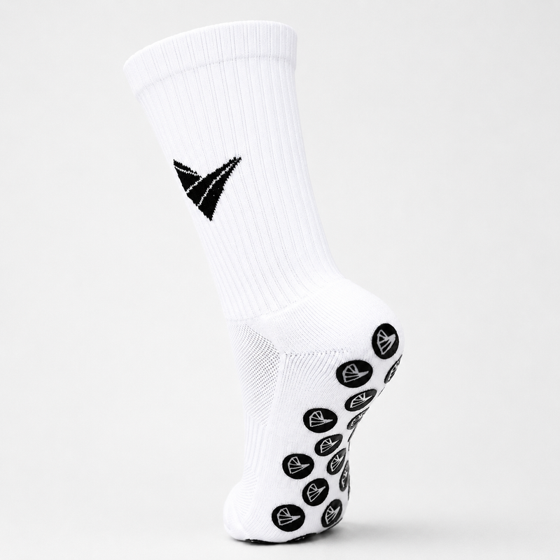 White sock with black Padel Source logo design, and black grip circles on a white background