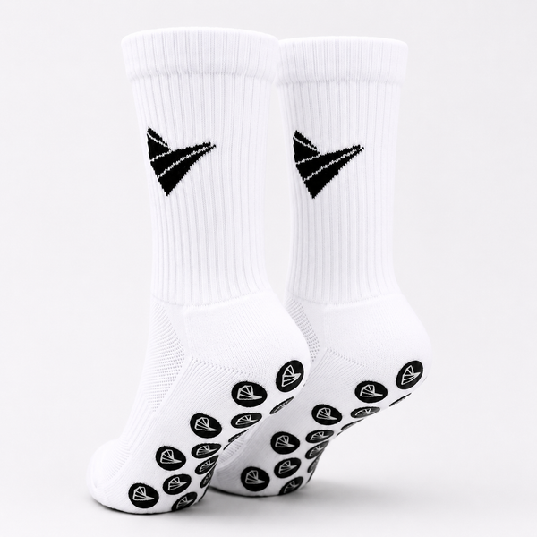 White socks with Padel Source logo and circular grips on sole.
